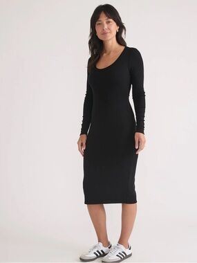 Lexi Rib Marine Layer Black Long-Sleeve Scoop-Neck Midi Dress